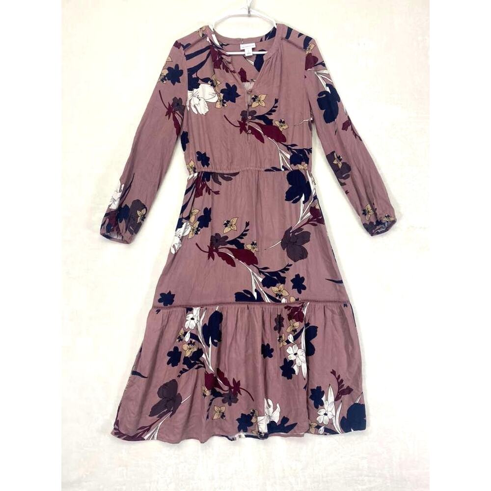Liz Claiborne Long-sleeve floral Tier midi A-line Peasant cottage dress Sz S - Picture 2 of 10